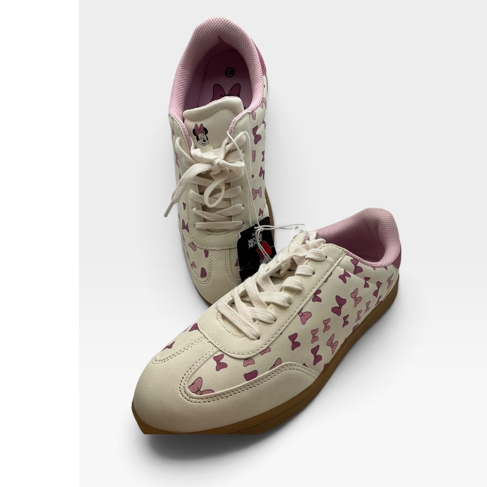 Disney Minnie Mouse Women Pink Bow Print Lace Up Character Sneakers Cream Sz 10